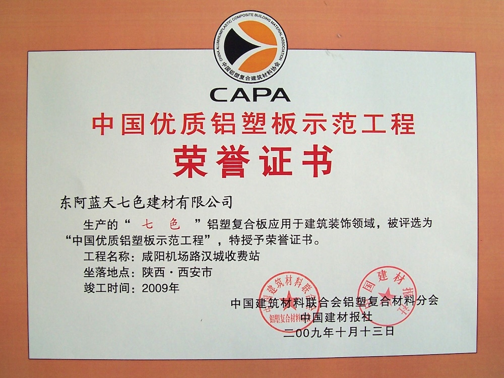 示范工程咸阳机场证书